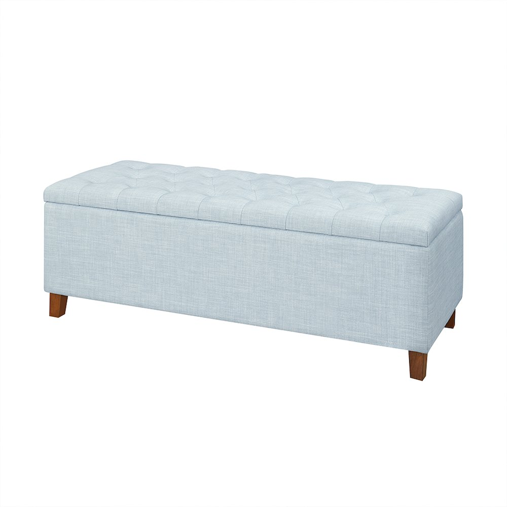 Light blue Shandra tufted upholstered storage bench by Start2Finish with cushioned top and wooden legs.