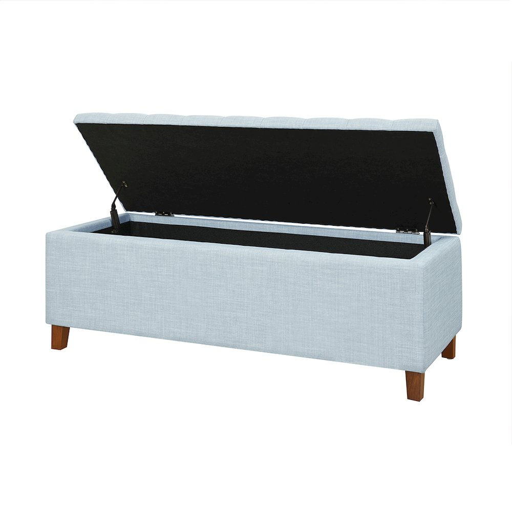 Light blue Shandra tufted upholstered storage bench with cushioned top and wooden legs, by Start2Finish.