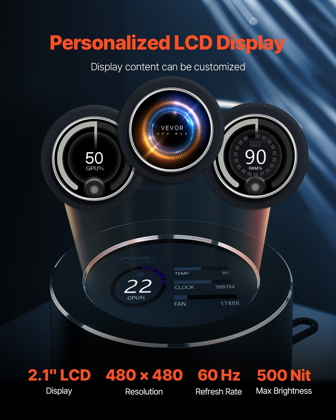 Start2Finish VEVOR CPU liquid cooler with 120mm fans, LCD display, ARGB lighting, suitable for Intel and AMD desktop processors.
