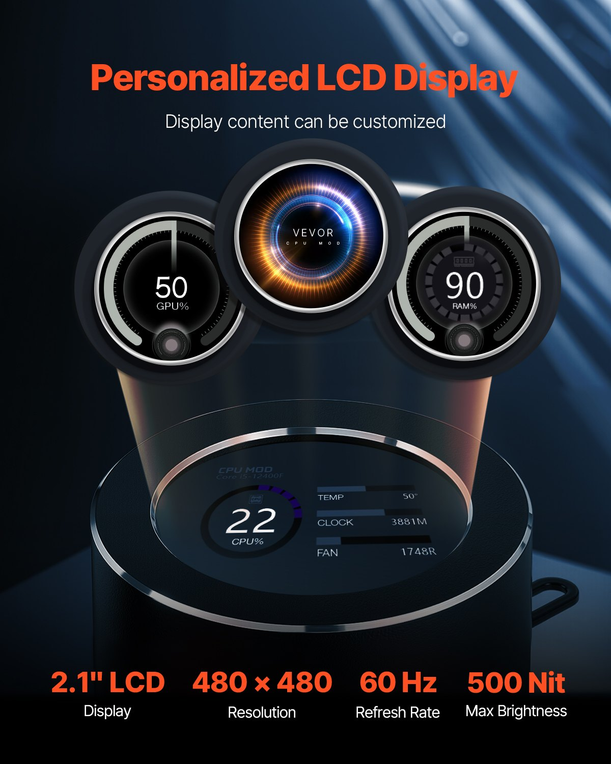 Start2Finish VEVOR CPU liquid cooler with 120mm fans, LCD display, ARGB lighting, suitable for Intel and AMD desktop processors.