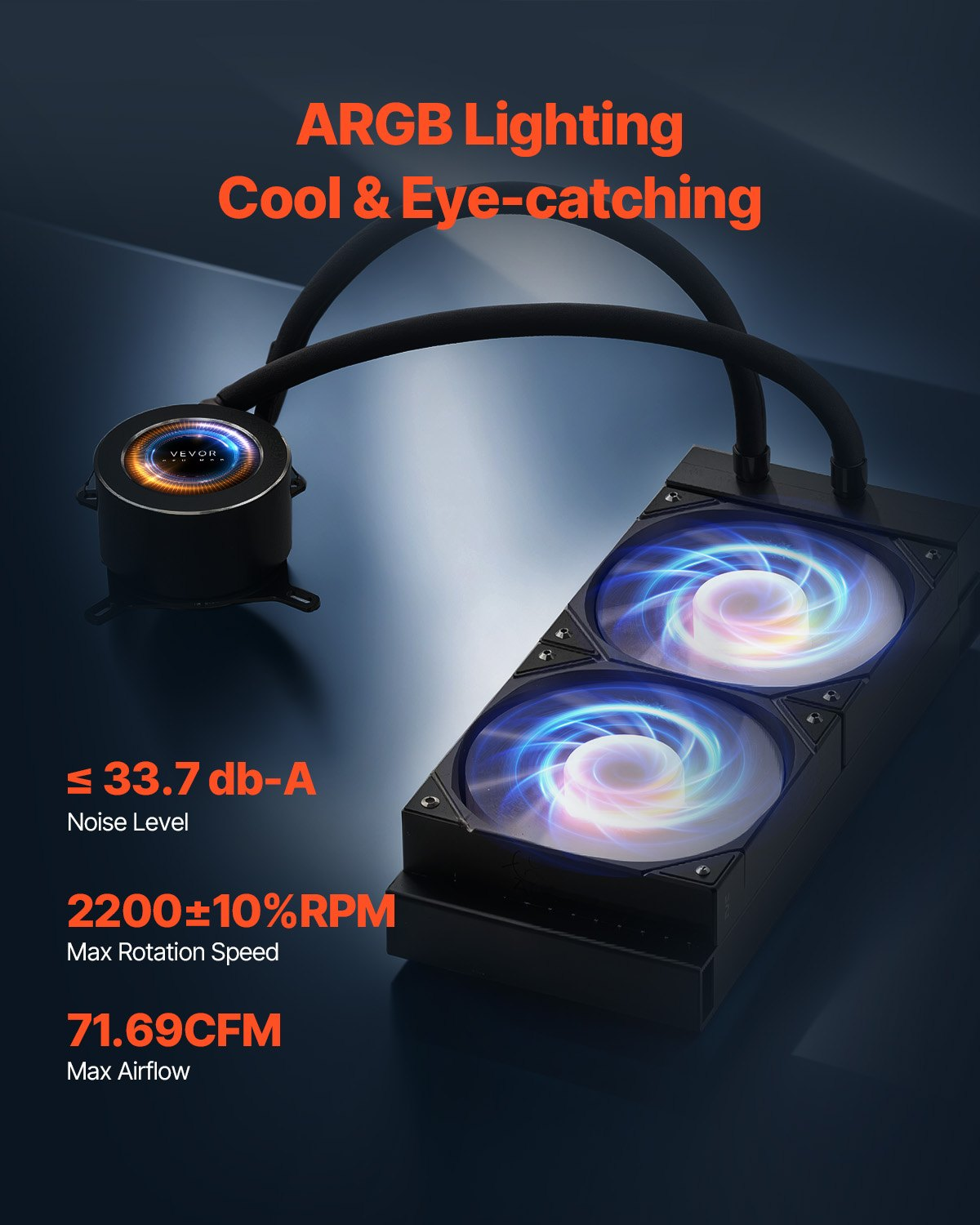Start2Finish VEVOR CPU liquid cooler with 120mm PWN fans, LCD display, ARGB lighting, suitable for Intel and AMD processors.