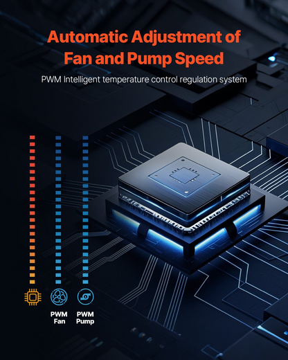 Start2Finish VEVOR CPU liquid cooler with 120mm fan, LCD display, ARGB lighting, designed for Intel and AMD desktop processors.