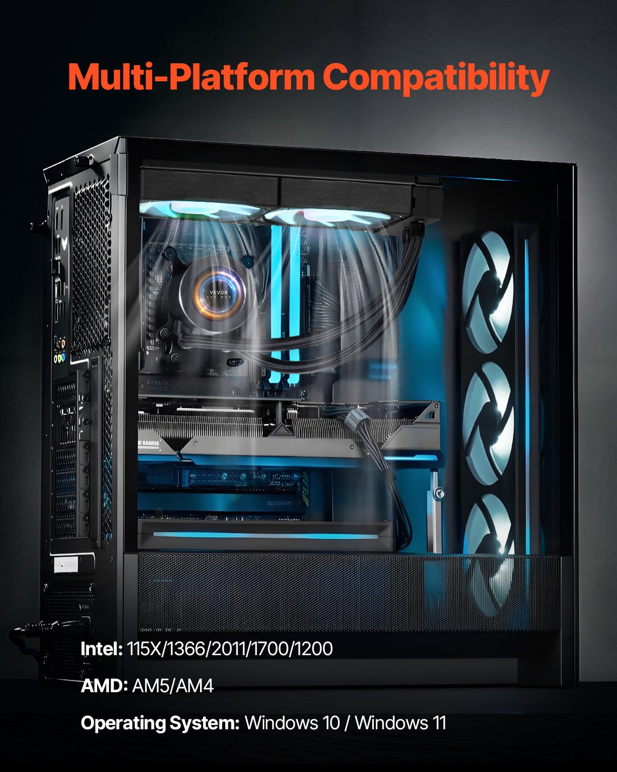 Start2Finish VEVOR CPU liquid cooler with 120mm PWN fans, LCD display, ARGB lighting, compatible with Intel and AMD processors.