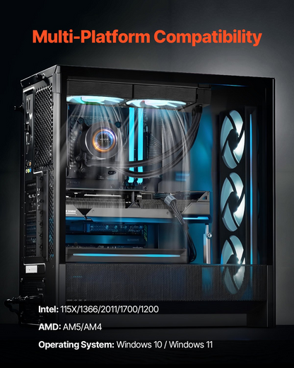 Start2Finish VEVOR CPU liquid cooler with 120mm PWN fans, LCD display, ARGB lighting, compatible with Intel and AMD processors.
