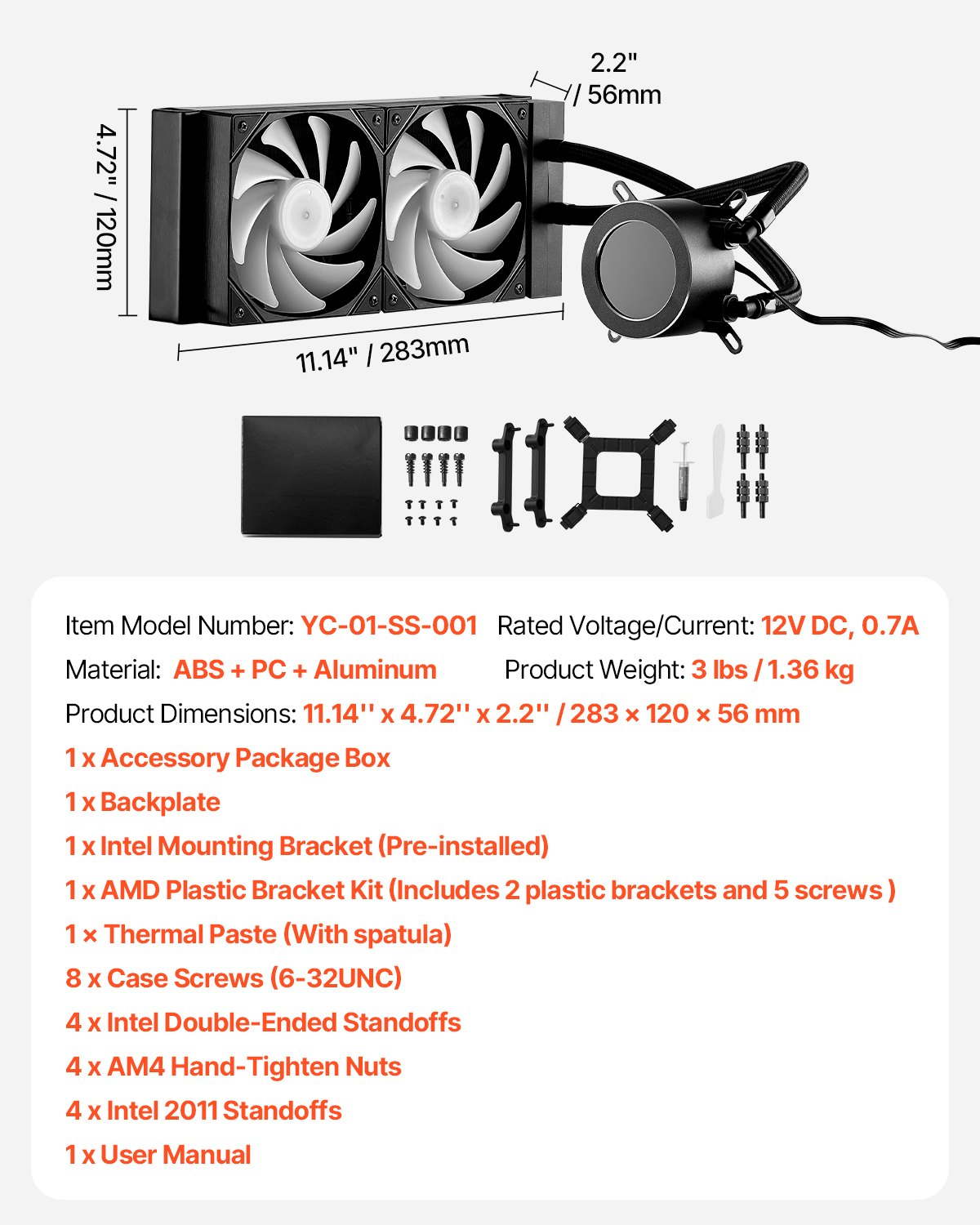 Start2Finish VEVOR CPU liquid cooler with 120mm fan, LCD display, ARGB lighting, suitable for Intel and AMD processors.