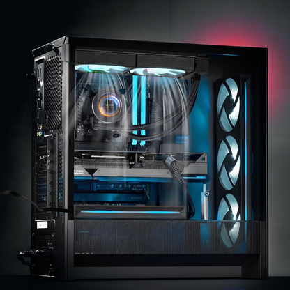 Start2Finish VEVOR CPU liquid cooler with 120mm fan, LCD display, ARGB lighting, compatible with Intel and AMD desktop processors.