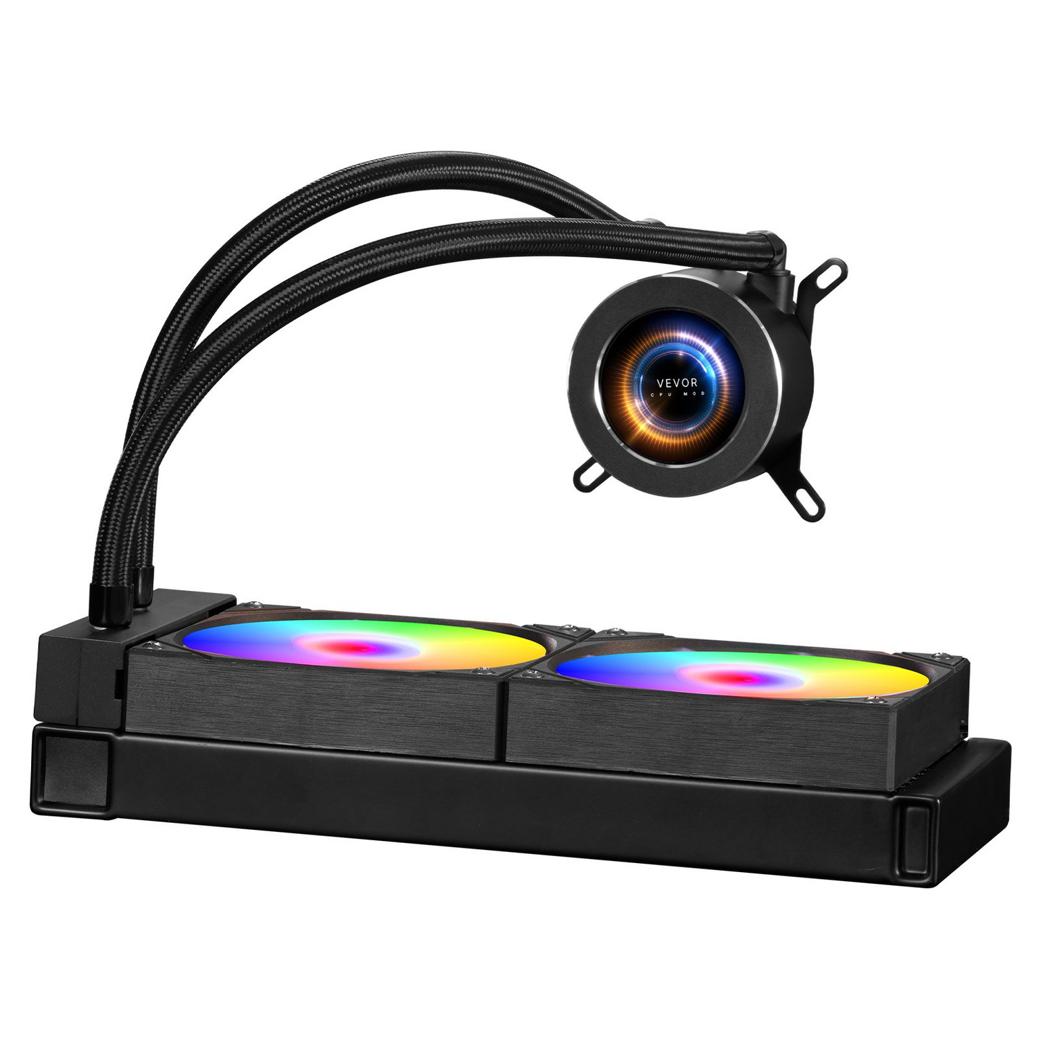 Start2Finish VEVOR CPU liquid cooler with 120mm fans, LCD display, ARGB lighting, compatible with Intel and AMD processors.