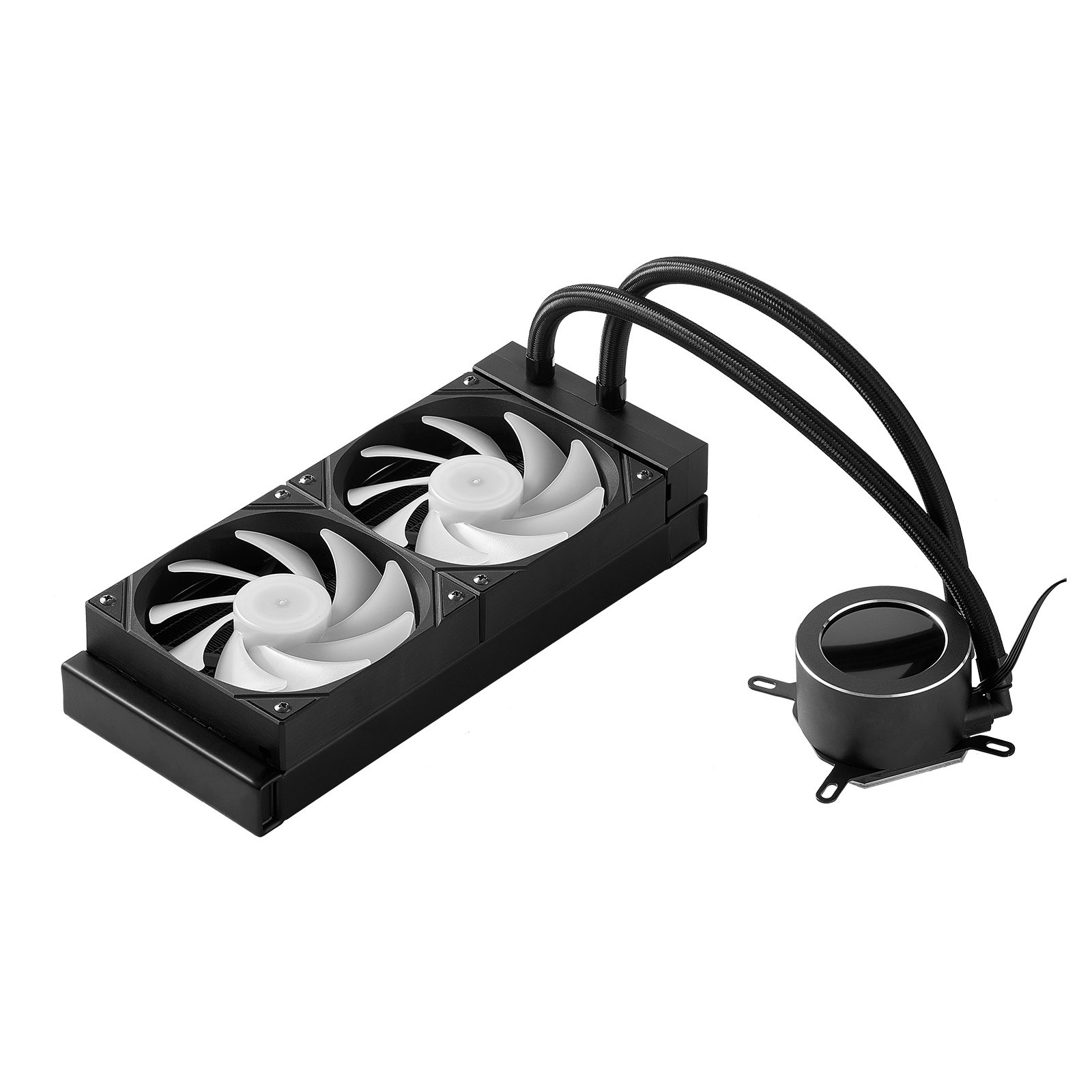 Start2Finish VEVOR CPU liquid cooler with 120mm fans, LCD display, ARGB lighting, compatible with Intel and AMD desktop processors.