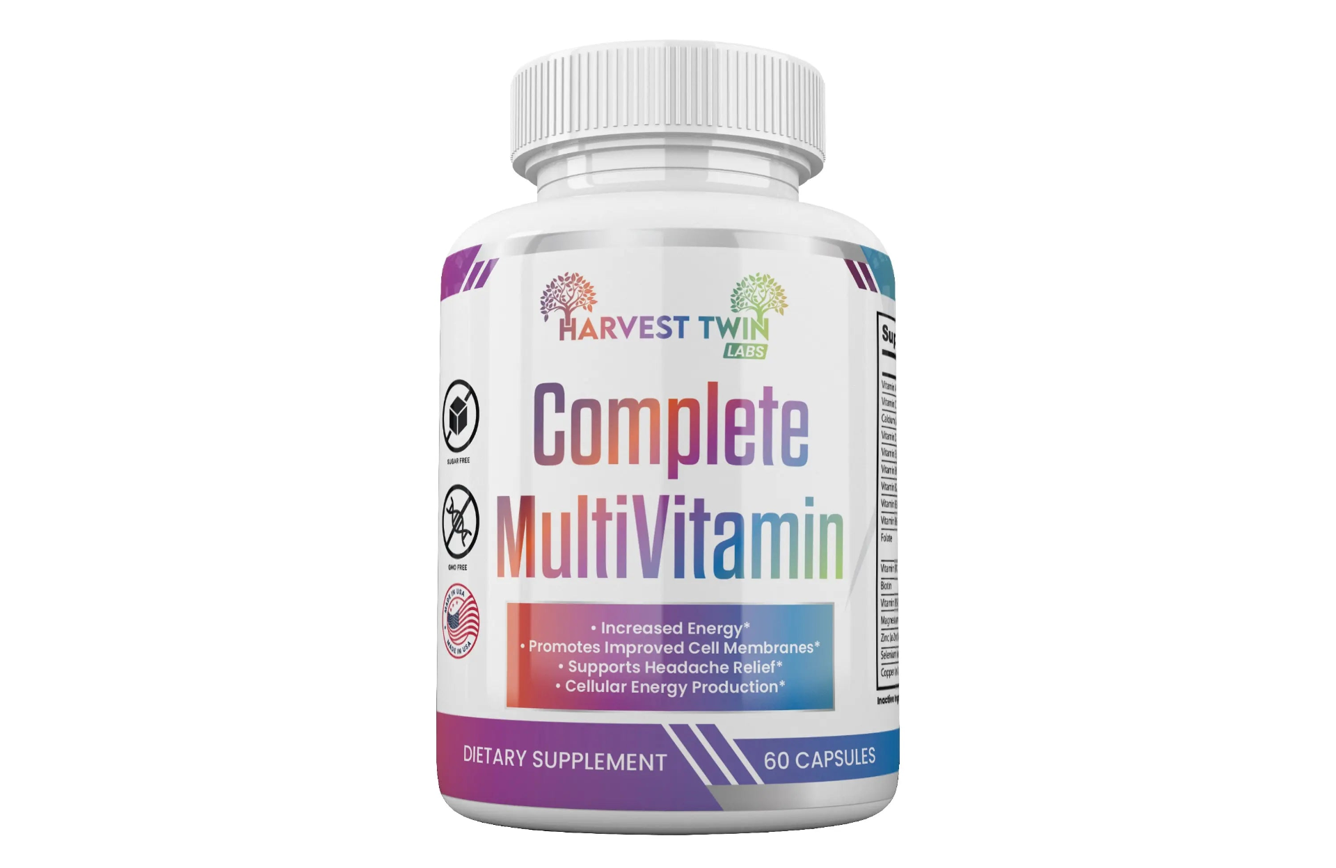 Complete MultiVitamin supplement by Start2Finish showing colorful bottle with labeled cap and assorted vitamins inside