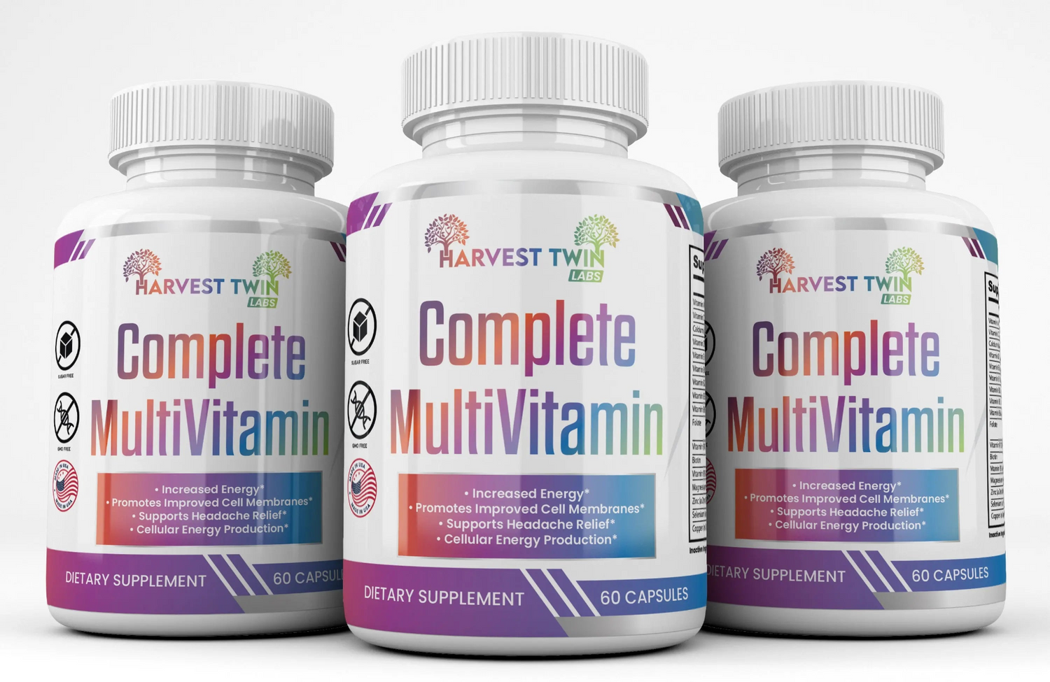 Start2Finish Complete Multivitamin supplement bottle with colorful capsules and label showing essential vitamins and minerals.