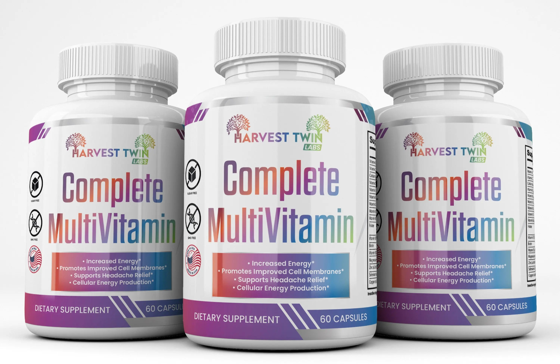 Start2Finish Complete Multivitamin supplement bottle with colorful capsules and label showing essential vitamins and minerals.