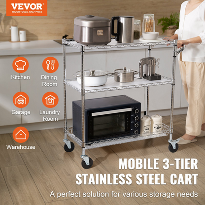 Start2Finish VEVOR kitchen utility cart with 3 wire tiers, steel frame, curved handle, hooks, and 661LBS capacity for indoor or outdoor use.
