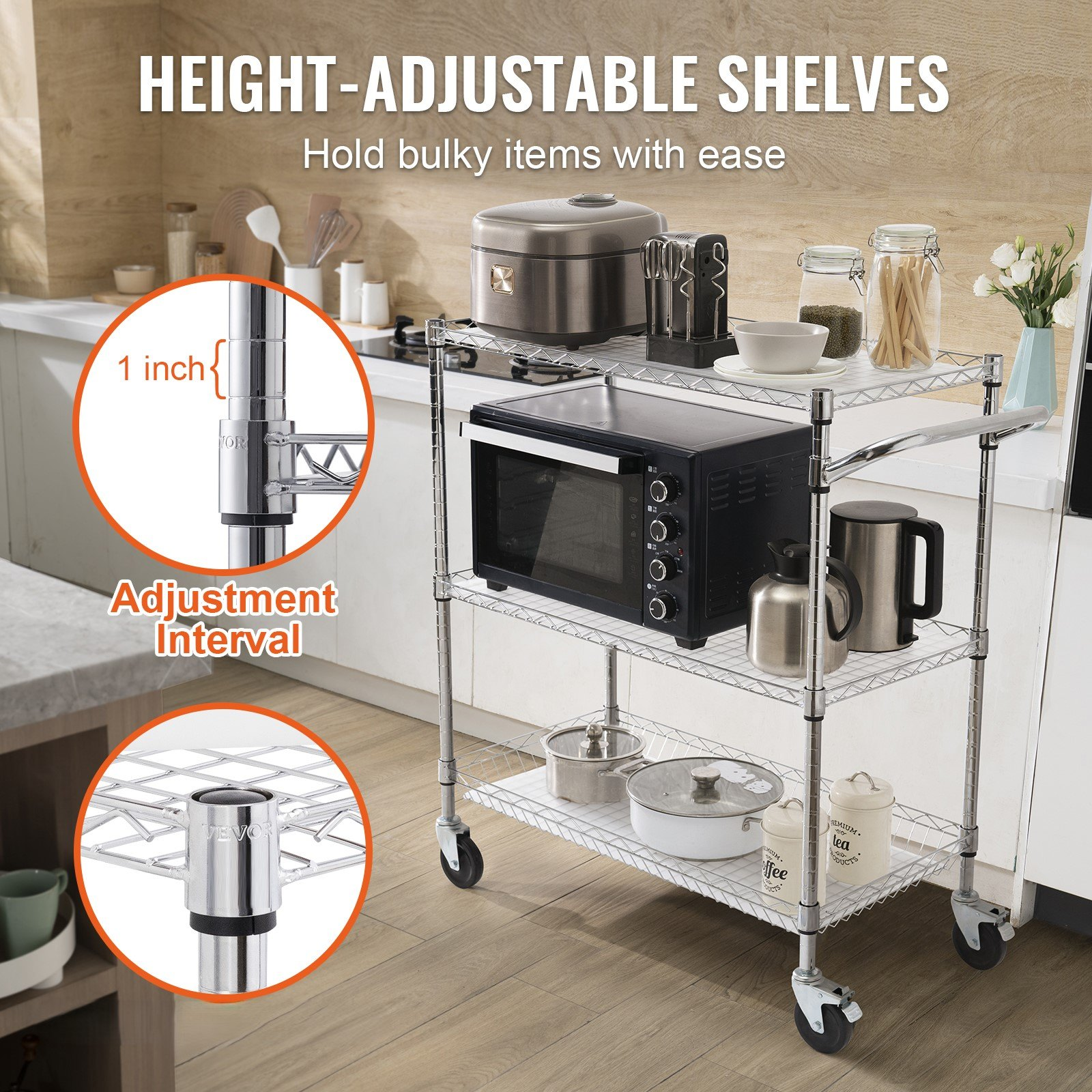 Start2Finish VEVOR kitchen utility cart with 3 wire tiers, metal storage trolley, rolling wheels, curved handle, hooks, and PP liner.