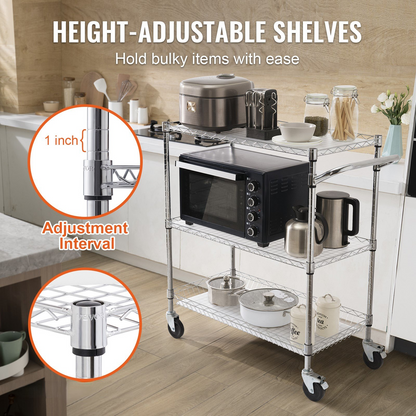 Start2Finish VEVOR kitchen utility cart with 3 wire tiers, metal storage trolley, rolling wheels, curved handle, hooks, and PP liner.