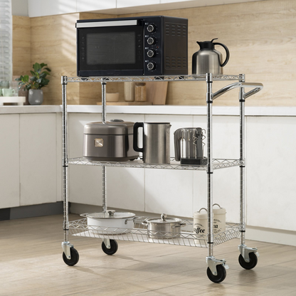 Start2Finish VEVOR kitchen utility cart with 3 wire tiers, steel frame, curved handle, hooks, and PP liner for indoor and outdoor use.