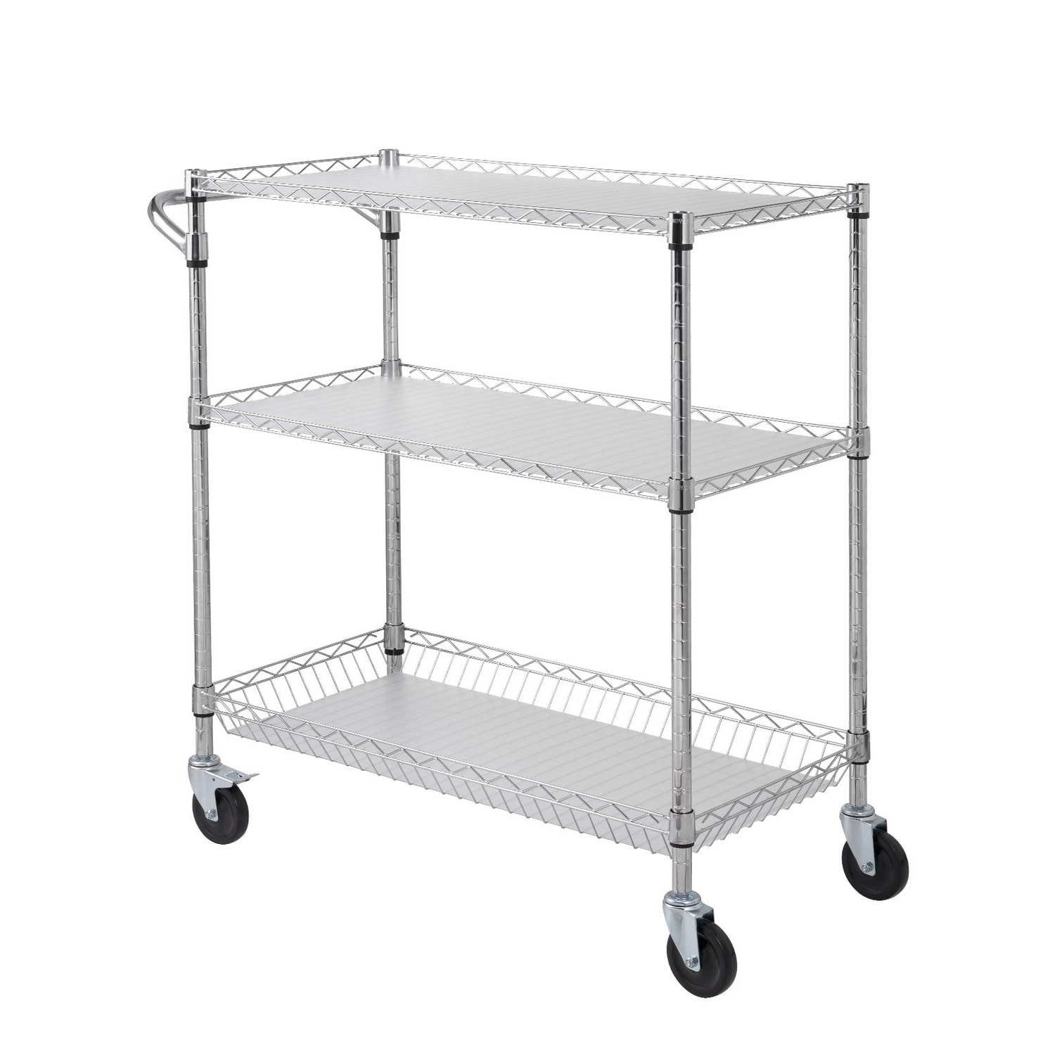 Start2Finish VEVOR kitchen utility cart with 3 wire tiers, steel construction, 661LBS capacity, wheels, curved handle, and hooks.