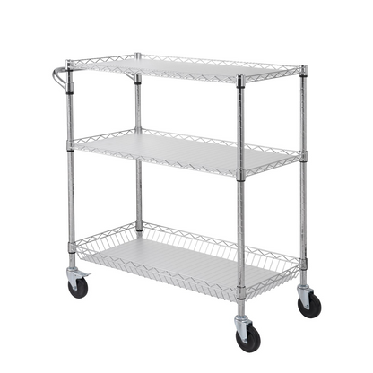 Start2Finish VEVOR kitchen utility cart with 3 wire tiers, steel construction, 661LBS capacity, wheels, curved handle, and hooks.