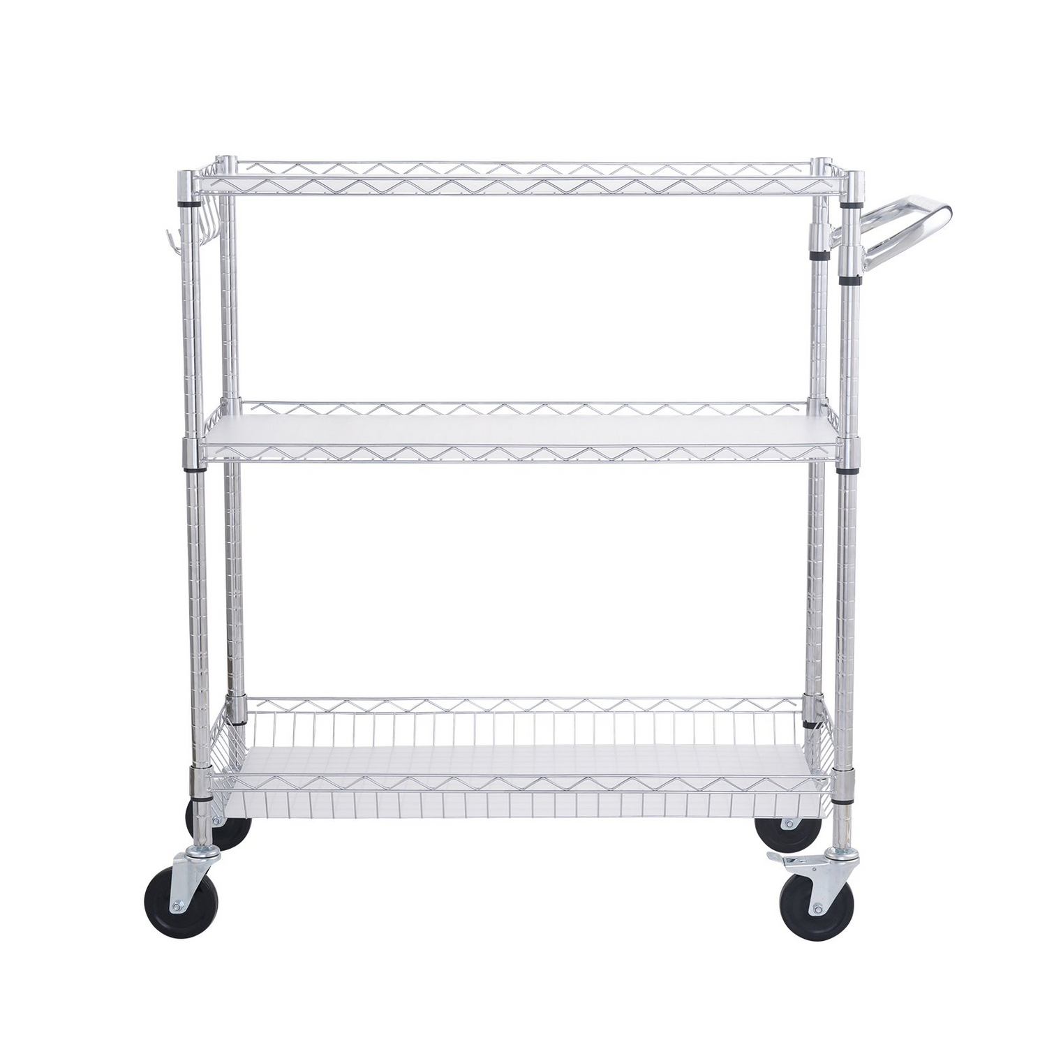 Start2Finish VEVOR kitchen utility cart with 3 wire tiers, steel frame, curved handle, 6 hooks, and PP liner for indoor and outdoor use.