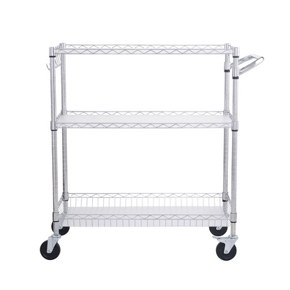 Start2Finish VEVOR kitchen utility cart with 3 wire tiers, steel frame, curved handle, 6 hooks, and PP liner for indoor and outdoor use.