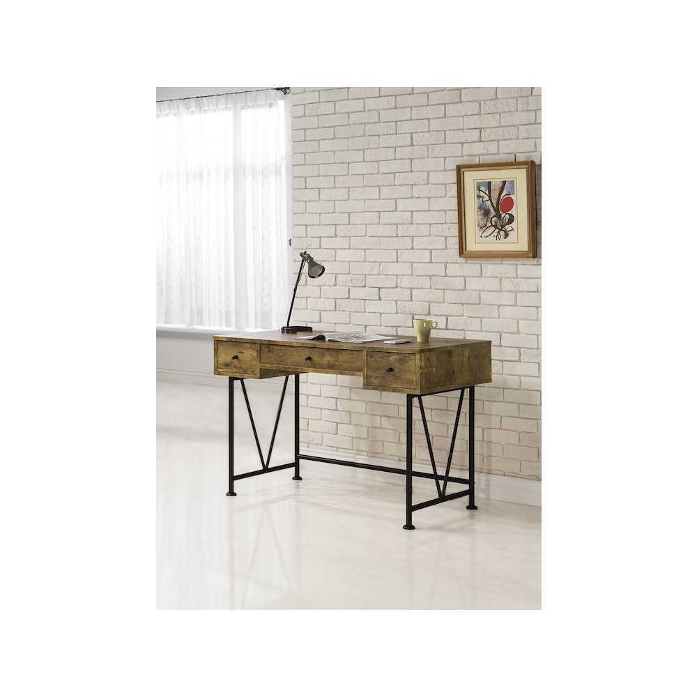 Rustic Nutmeg Analiese 47-inch 3-drawer writing desk by Start2Finish showing wood grain and three spacious drawers for workspace storage.