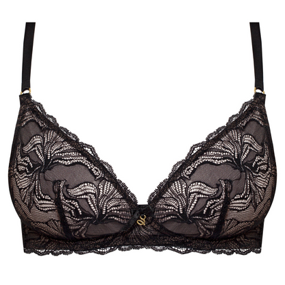 Sheer lace triangle wireless bra by Start2Finish, featuring delicate lace details and a comfortable, seamless design.