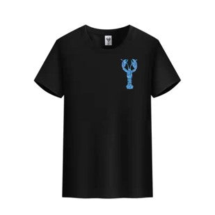 Blue t-shirt by Start2Finish featuring a pink lobster graphic on the chest, casual apparel for everyday wear.