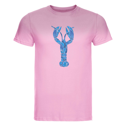 Start2Finish T-Shirt featuring a big blue lobster design on a pink background, casual apparel for seafood lovers.