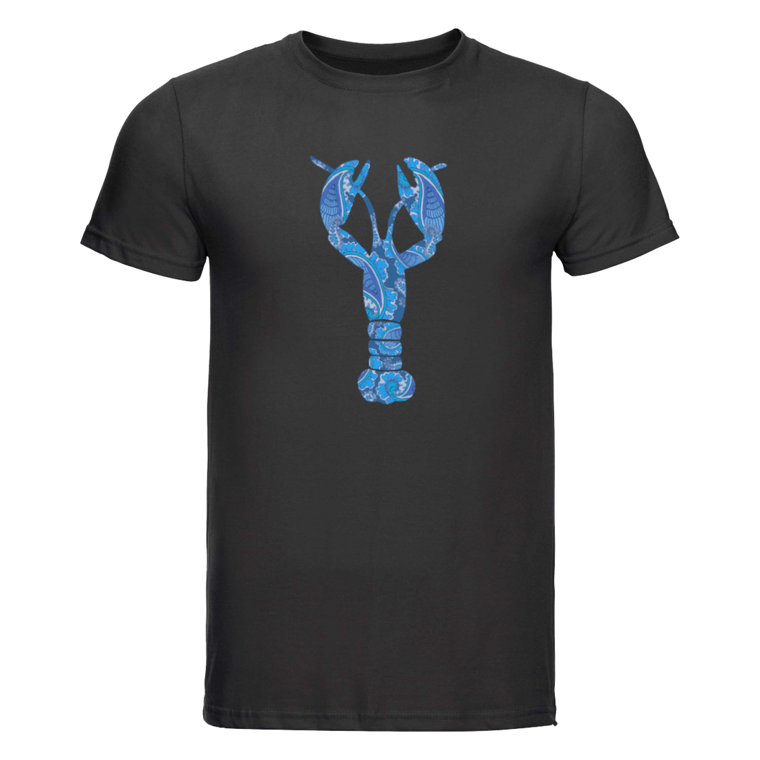 Start2Finish T-Shirt featuring a large blue lobster graphic with pink accents, casual apparel for seafood lovers.