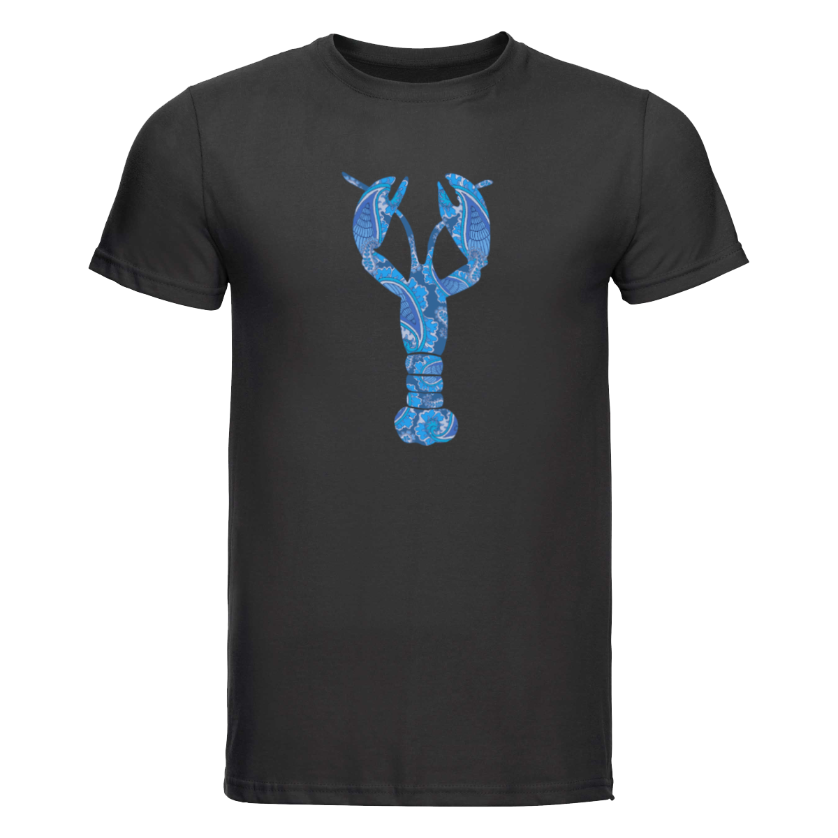 Start2Finish T-Shirt featuring a large blue lobster graphic with pink accents, casual apparel for seafood lovers.