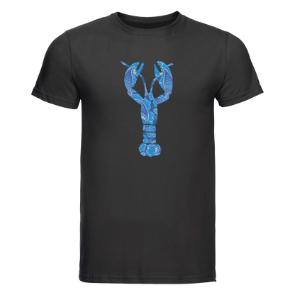Start2Finish T-Shirt featuring a large blue lobster graphic with pink accents, casual apparel for seafood lovers.