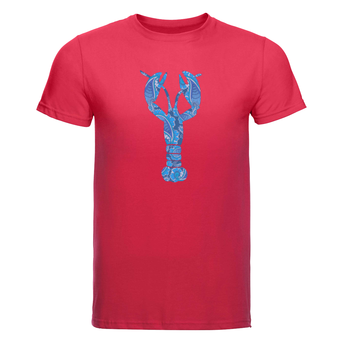 Start2Finish blue T-shirt featuring a large pink lobster graphic, casual apparel for seafood lovers.