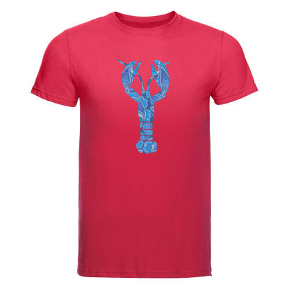 Start2Finish blue T-shirt featuring a large pink lobster graphic, casual apparel for seafood lovers.