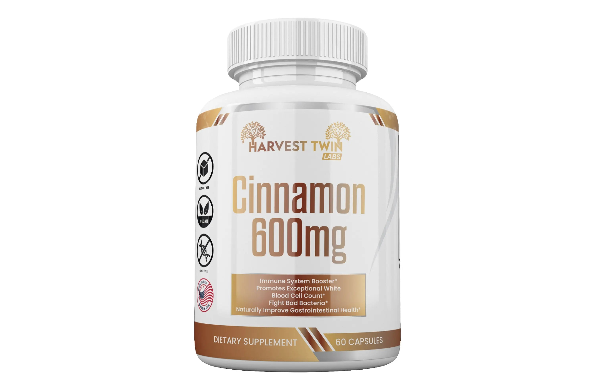 True Cinnamon Ceylon supplement bottle with label showing 600mg dosage, from Start2Finish, on a white background.