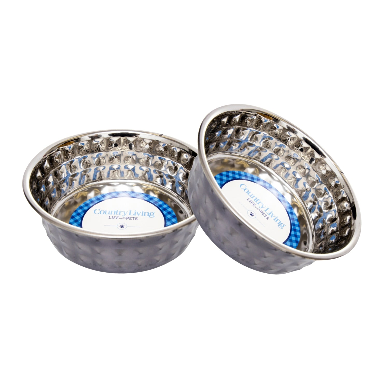 Set of 2 hammered stainless steel dog bowls in black pearl finish from Start2Finish, ideal for pet feeding and watering.