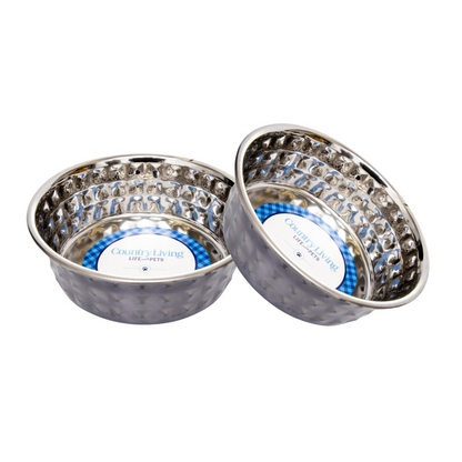 Set of 2 hammered stainless steel dog bowls in black pearl finish from Start2Finish, ideal for pet feeding and watering.