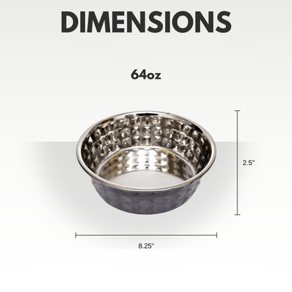 Set of two hammered stainless steel dog bowls in black pearl finish, durable pet supplies by Start2Finish for feeding pets.