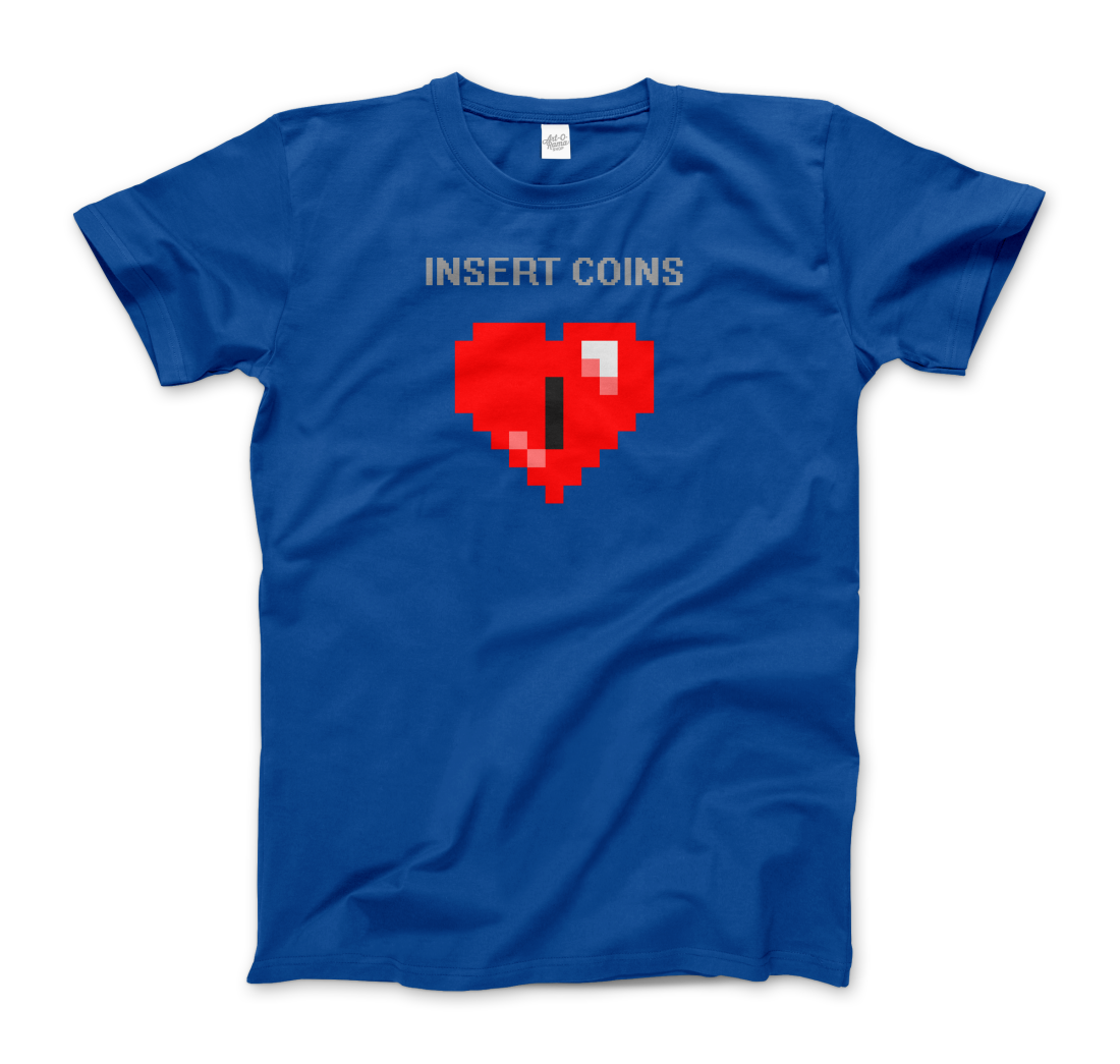 Start2Finish 8-bit Heart coin insert graphic T-shirt showing a pixelated heart design on casual apparel.