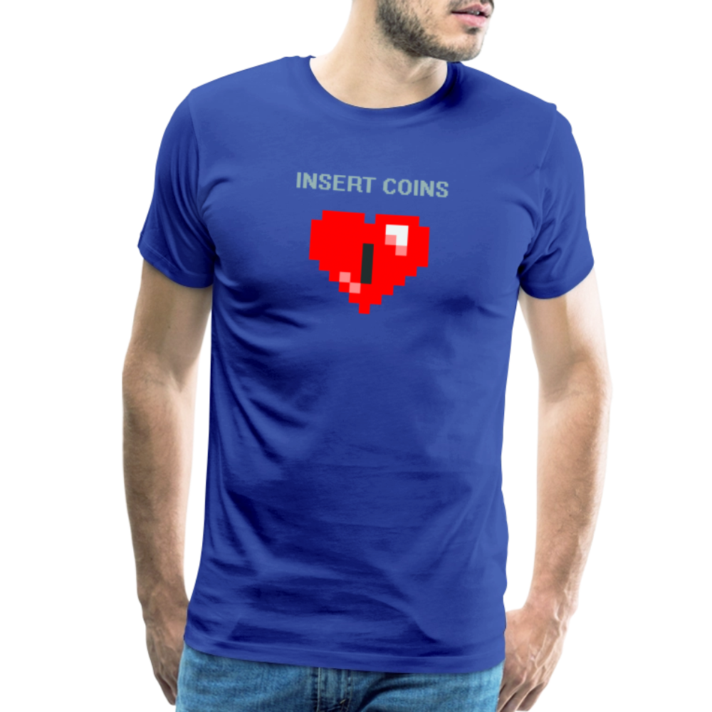 Start2Finish 8-bit heart coin insert t-shirt featuring retro pixel art design on soft apparel fabric.