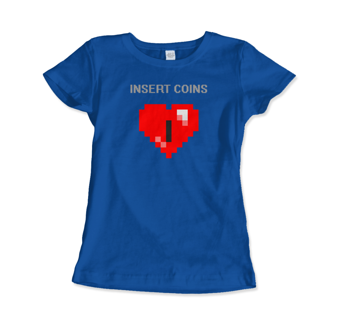 Start2Finish 8-BIT Heart coin insert graphic t-shirt, casual apparel featuring pixel art design on soft fabric.