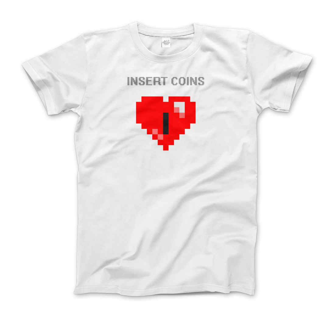 Start2Finish 8-bit Heart Insert Coins graphic t-shirt featuring pixelated heart and coin designs on soft fabric.