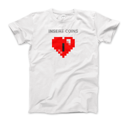 Start2Finish 8-bit Heart Insert Coins graphic t-shirt featuring pixelated heart and coin designs on soft fabric.
