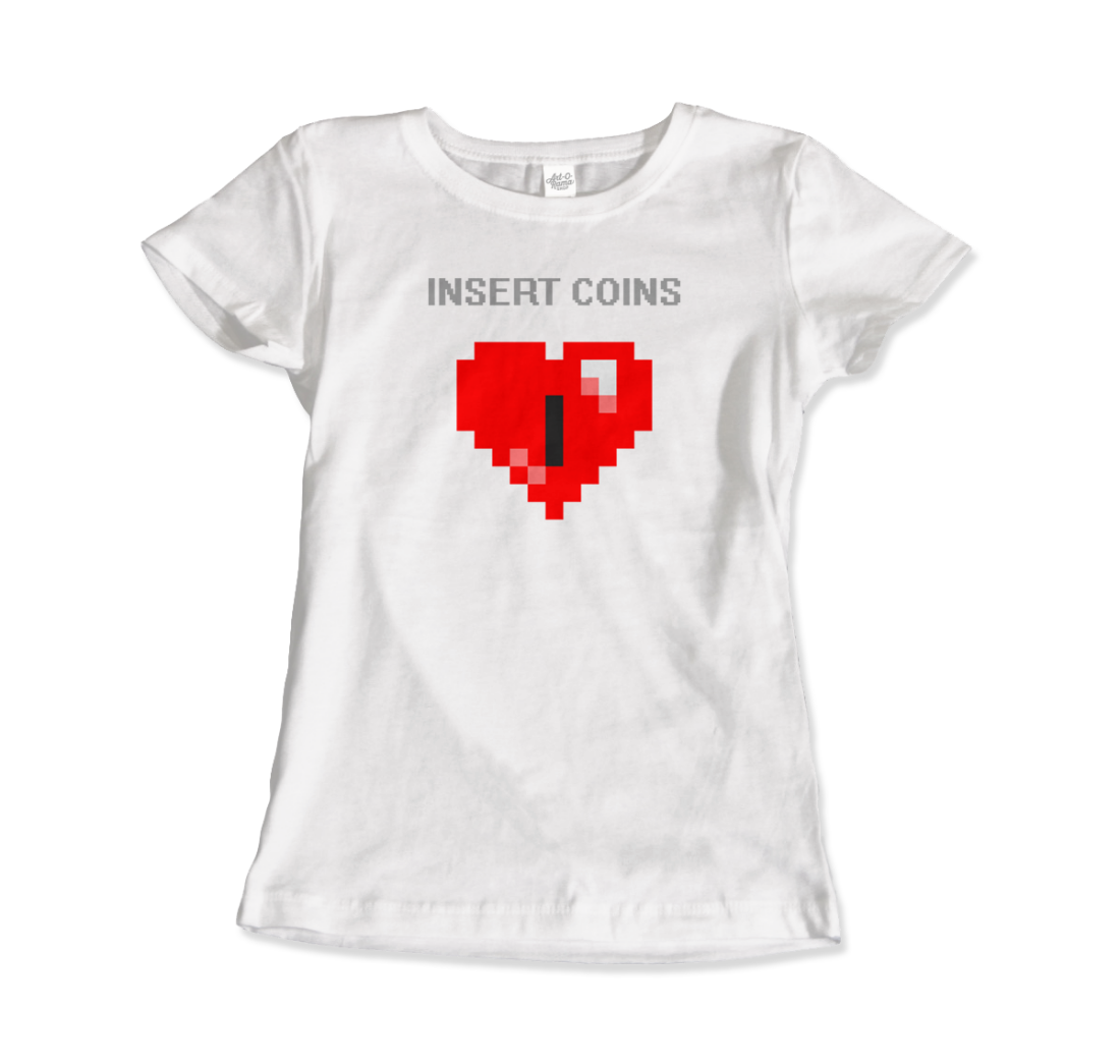 Start2Finish 8-bit Heart Insert Coins graphic t-shirt for casual wear, featuring retro video game-inspired design on front.