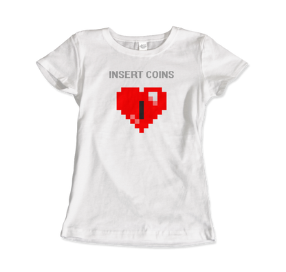 Start2Finish 8-bit Heart Insert Coins graphic t-shirt for casual wear, featuring retro video game-inspired design on front.