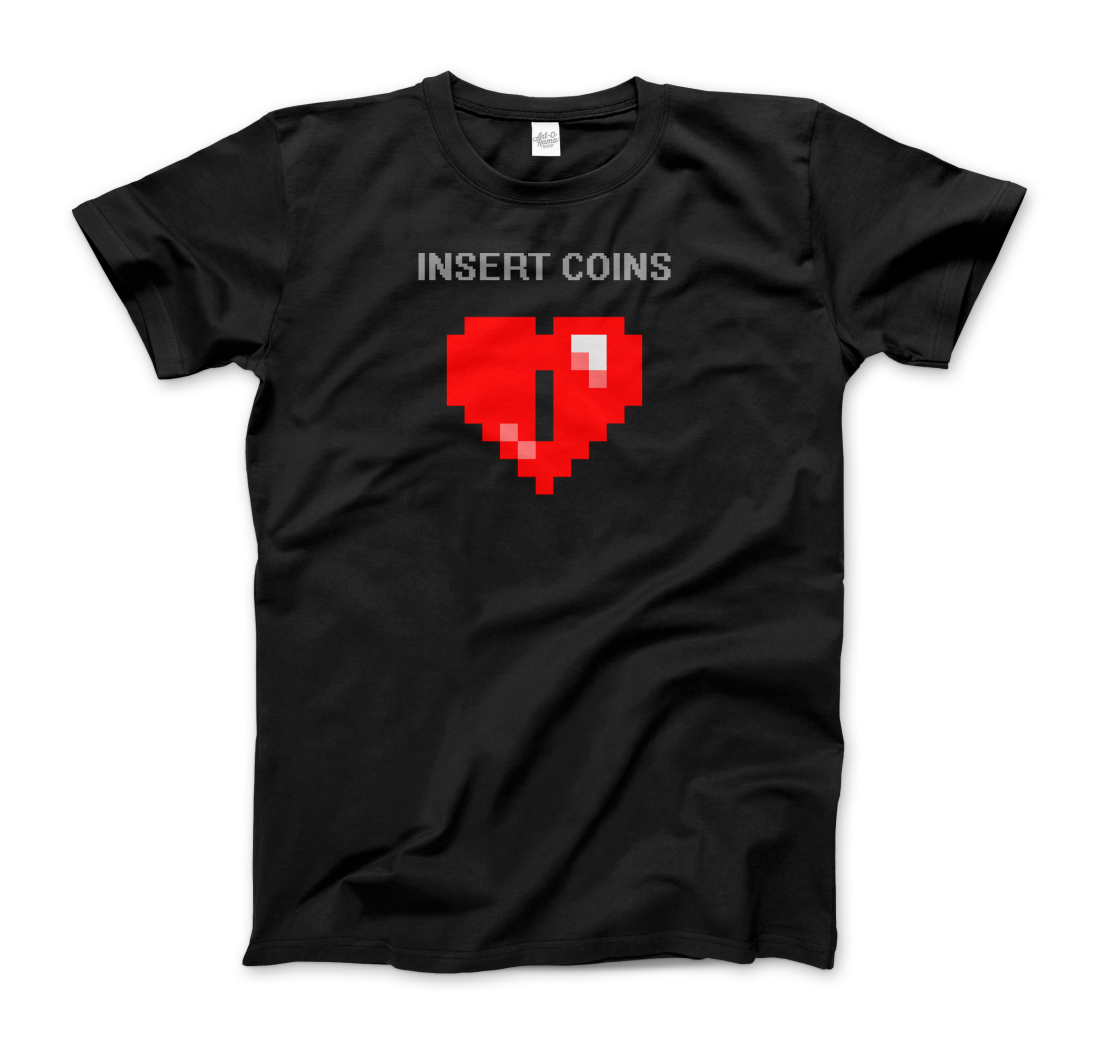 Start2Finish 8-bit heart coin insert graphic t-shirt showing pixelated coin and heart design on black apparel