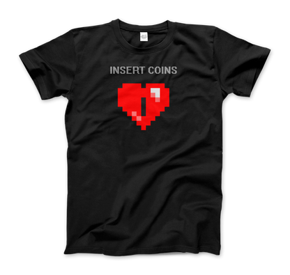 Start2Finish 8-bit heart coin insert graphic t-shirt showing pixelated coin and heart design on black apparel
