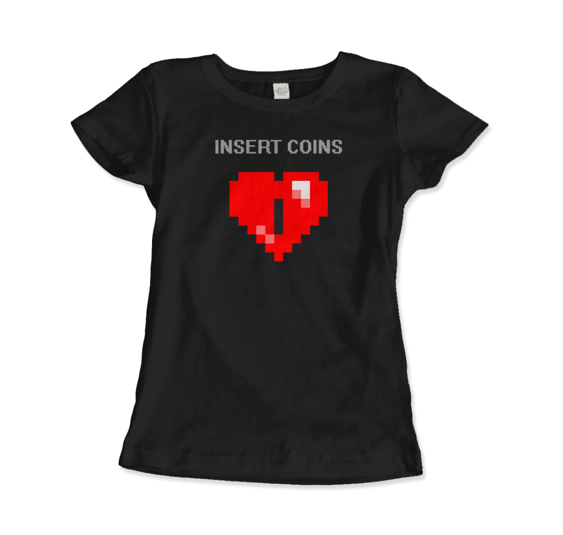 Start2Finish 8-bit Heart insert coins graphic t-shirt, casual apparel with retro gaming design, featuring pixelated coin and heart graphics.