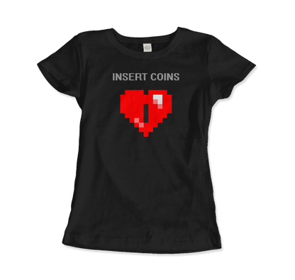 Start2Finish 8-bit Heart insert coins graphic t-shirt, casual apparel with retro gaming design, featuring pixelated coin and heart graphics.