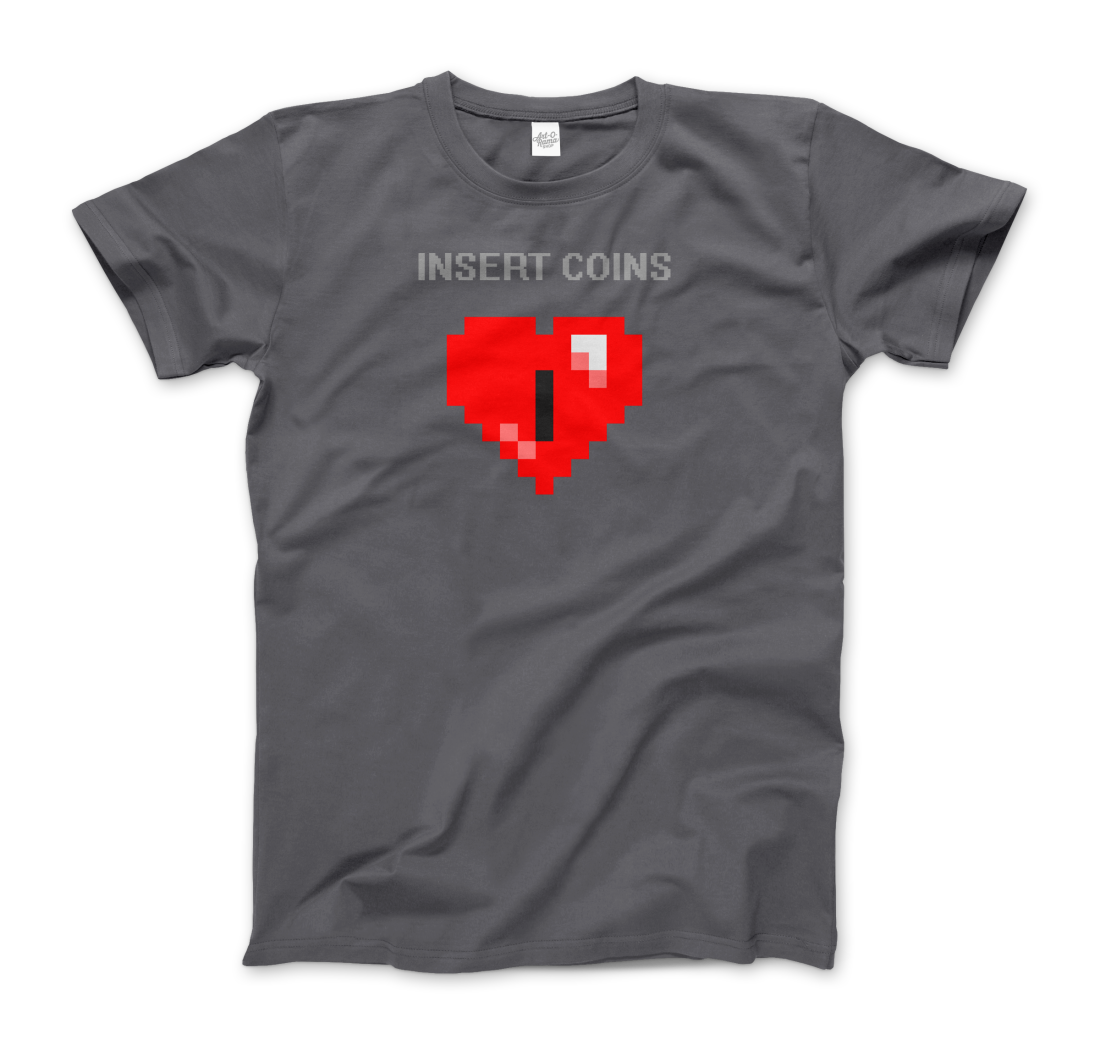 Start2Finish 8-BIT Heart Insert Coins t-shirt, colorful gaming-inspired graphic on casual apparel for fans of retro video games.