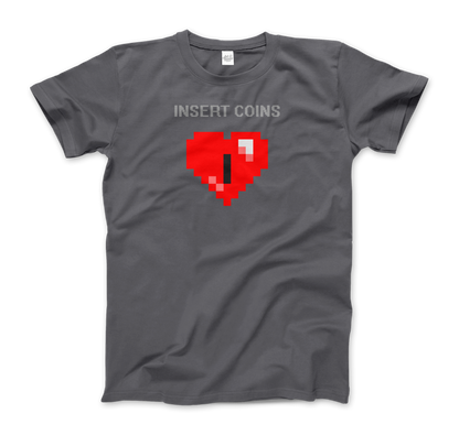 Start2Finish 8-BIT Heart Insert Coins t-shirt, colorful gaming-inspired graphic on casual apparel for fans of retro video games.