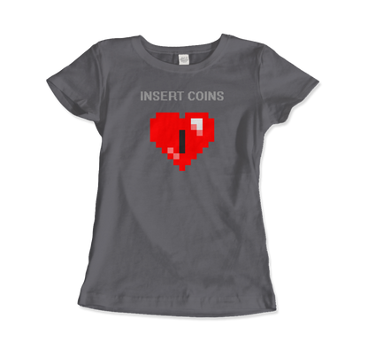 Start2Finish 8-bit Heart Insert Coins T-shirt, casual apparel featuring a pixelated heart and coin design on front.